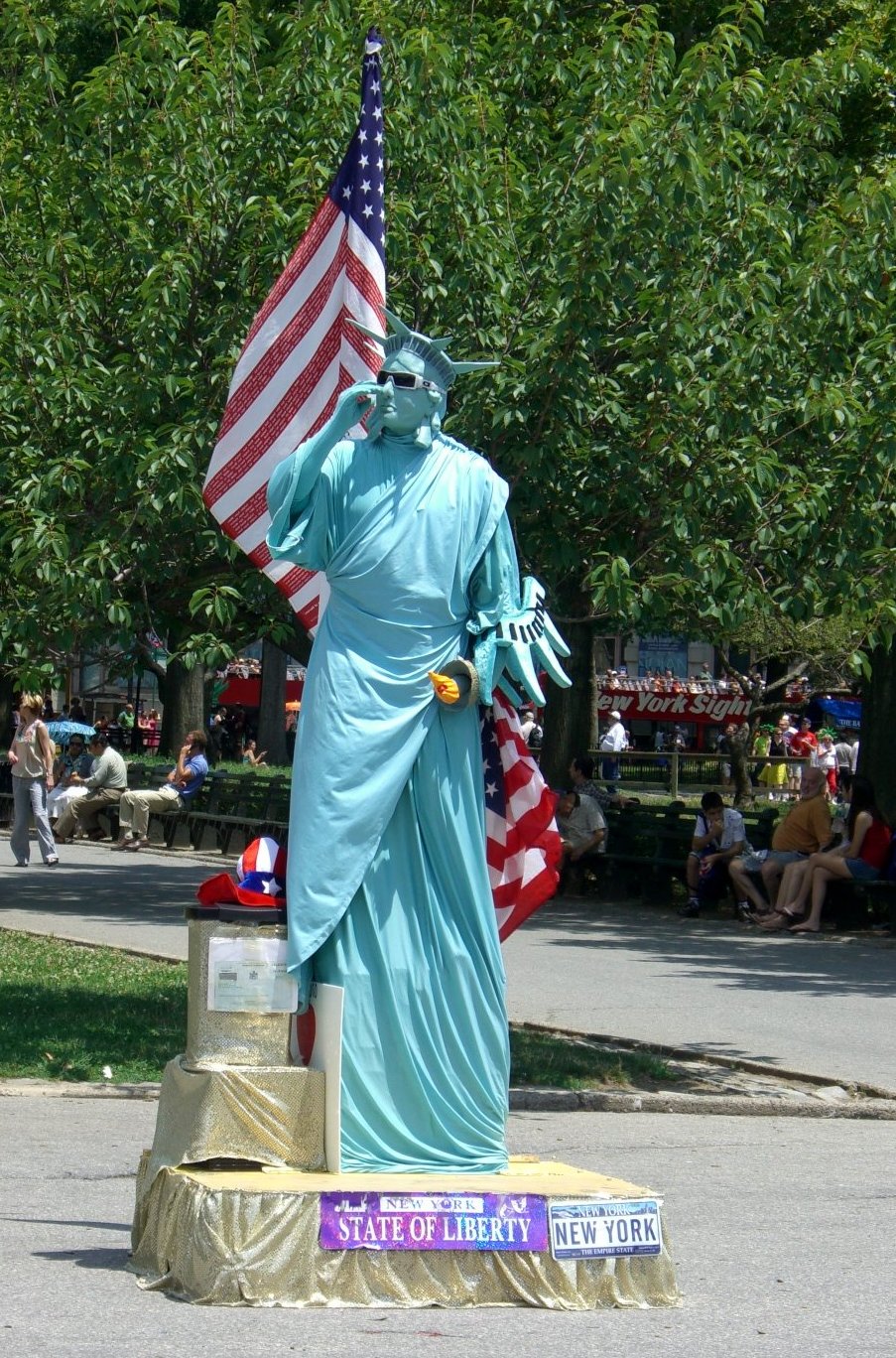 A human Statue of Liberty at Battery Park